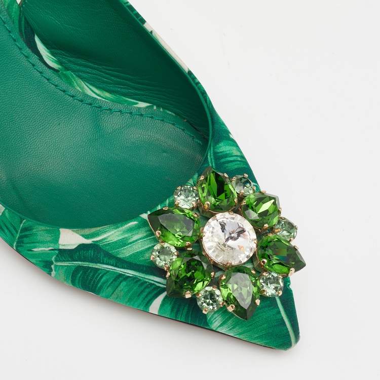 مملوكة مسبقًا Dolce & Gabbana Green/White Banana Leaf-Print Fabric Crystal Embellished Slingback Sandals Size 37.5