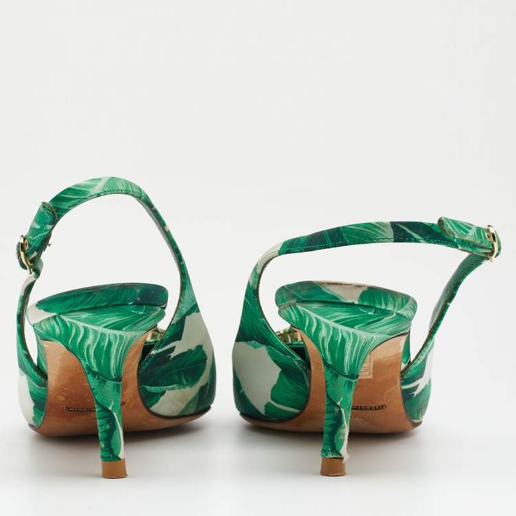 مملوكة مسبقًا Dolce & Gabbana Green/White Banana Leaf-Print Fabric Crystal Embellished Slingback Sandals Size 37.5