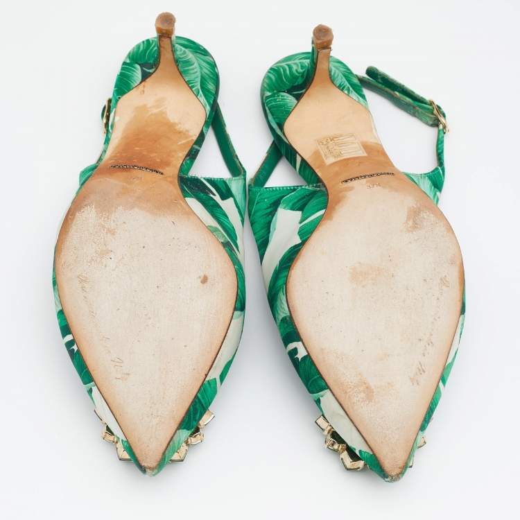 مملوكة مسبقًا Dolce & Gabbana Green/White Banana Leaf-Print Fabric Crystal Embellished Slingback Sandals Size 37.5