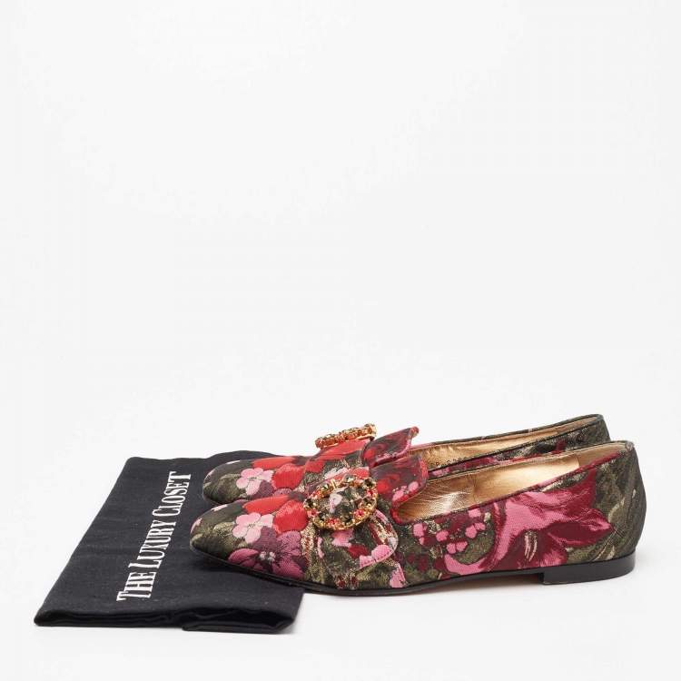 Pre Owned Dolce & Gabbana Multicolor Floral Jacquard Fabric Crystal Embellished Buckle Loafers Size 38.5