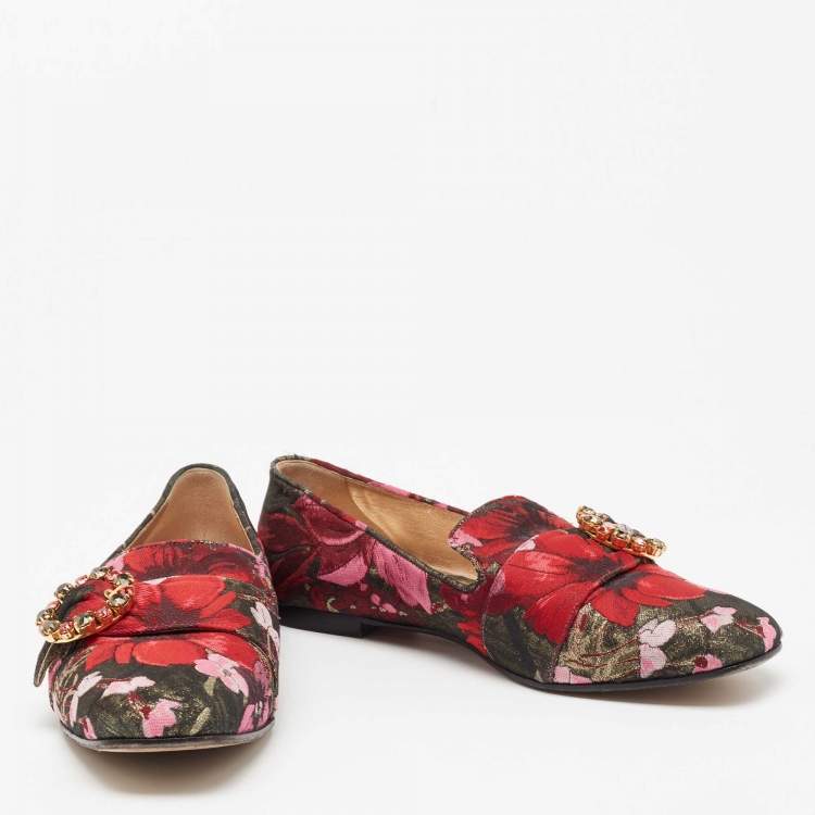 Pre Owned Dolce & Gabbana Multicolor Floral Jacquard Fabric Crystal Embellished Buckle Loafers Size 38.5