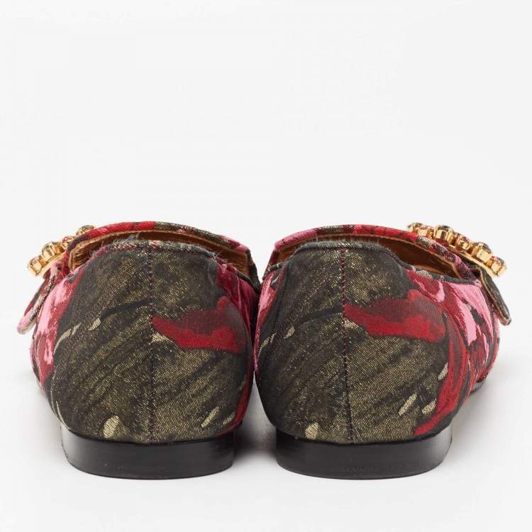 Pre Owned Dolce & Gabbana Multicolor Floral Jacquard Fabric Crystal Embellished Buckle Loafers Size 38.5