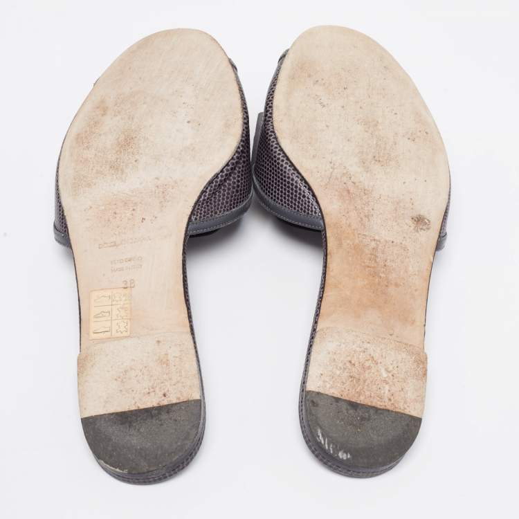 Pre Owned Dolce & Gabbana Grey Lizard Embossed Leather Crystal Embellished Bow Flat Slides Size 38