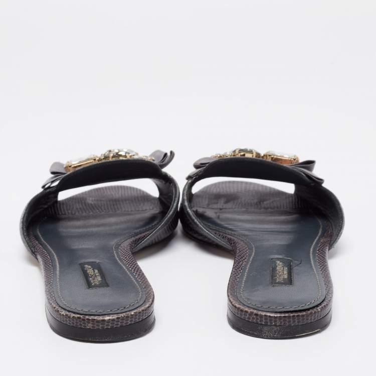 Pre Owned Dolce & Gabbana Grey Lizard Embossed Leather Crystal Embellished Bow Flat Slides Size 38