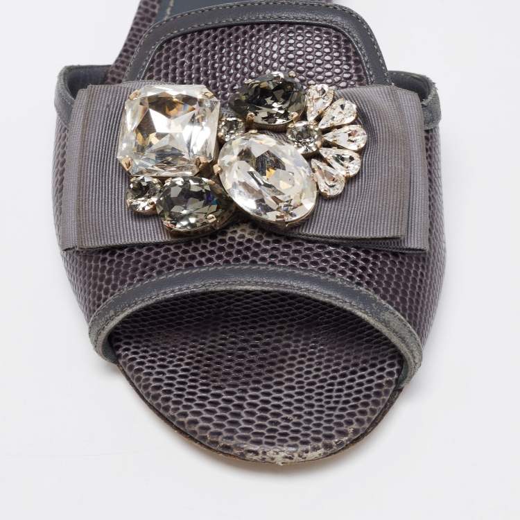 Pre Owned Dolce & Gabbana Grey Lizard Embossed Leather Crystal Embellished Bow Flat Slides Size 38