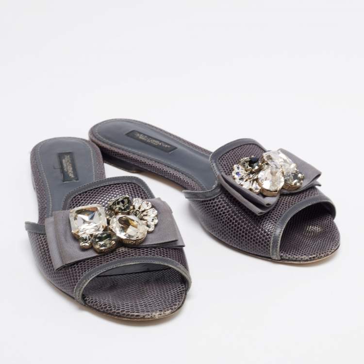 Pre Owned Dolce & Gabbana Grey Lizard Embossed Leather Crystal Embellished Bow Flat Slides Size 38