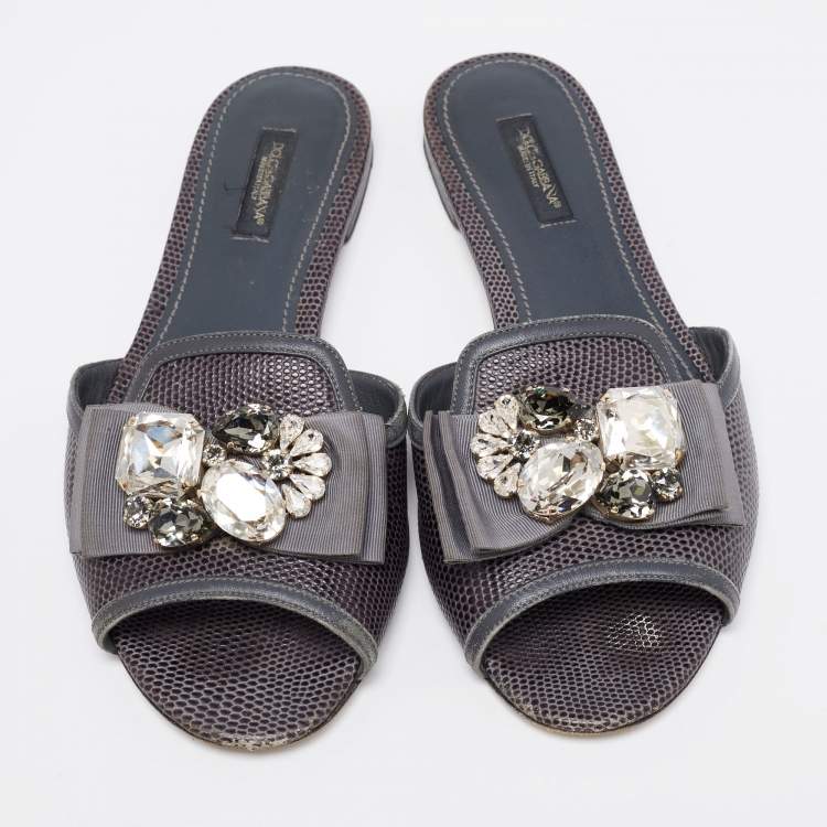 Pre Owned Dolce & Gabbana Grey Lizard Embossed Leather Crystal Embellished Bow Flat Slides Size 38