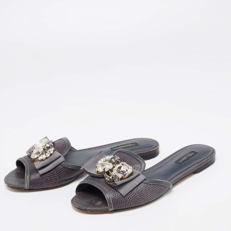 Pre Owned Dolce & Gabbana Grey Lizard Embossed Leather Crystal Embellished Bow Flat Slides Size 38