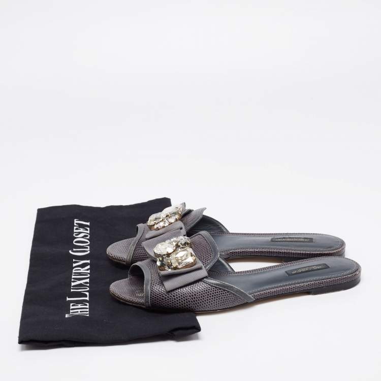 Pre Owned Dolce & Gabbana Grey Lizard Embossed Leather Crystal Embellished Bow Flat Slides Size 38