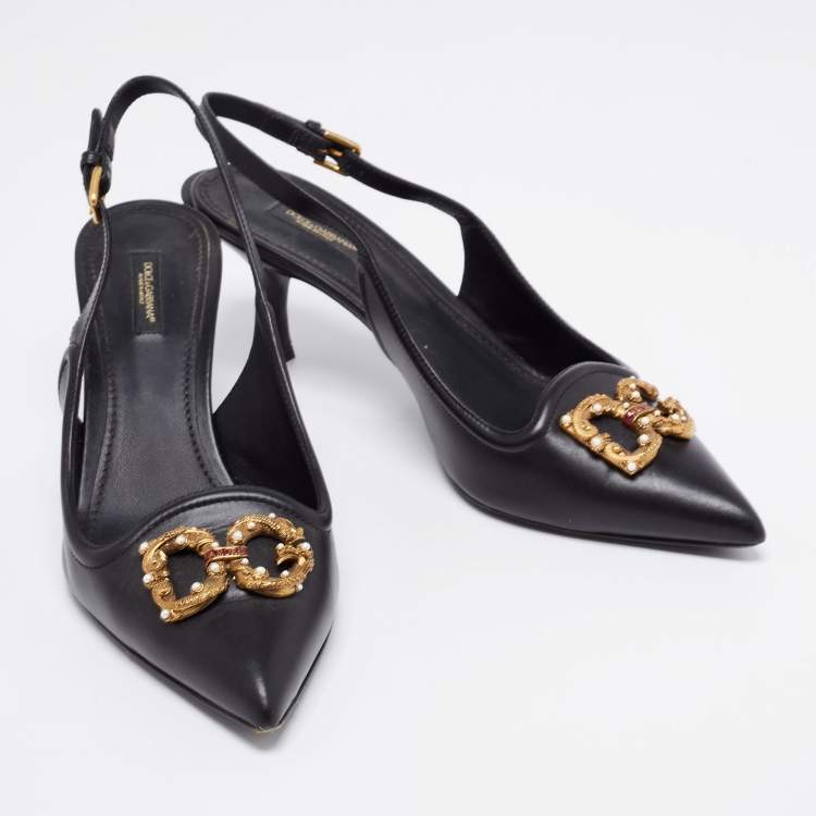 Pre Owned Dolce & Gabbana Black Leather DG Amore Slingback Pumps Size 41