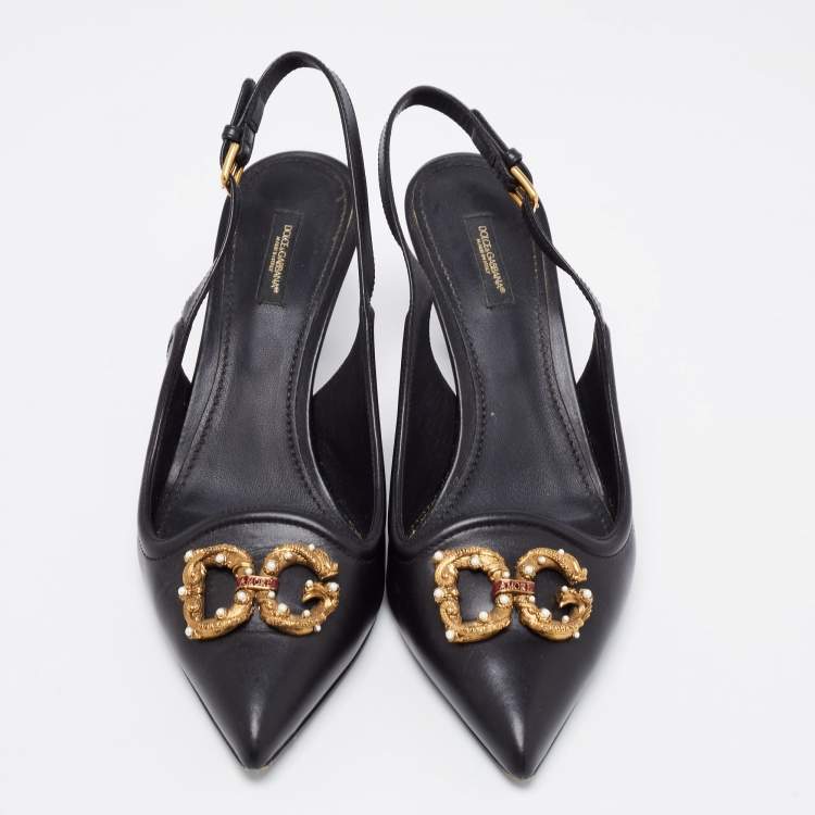 Pre Owned Dolce & Gabbana Black Leather DG Amore Slingback Pumps Size 41