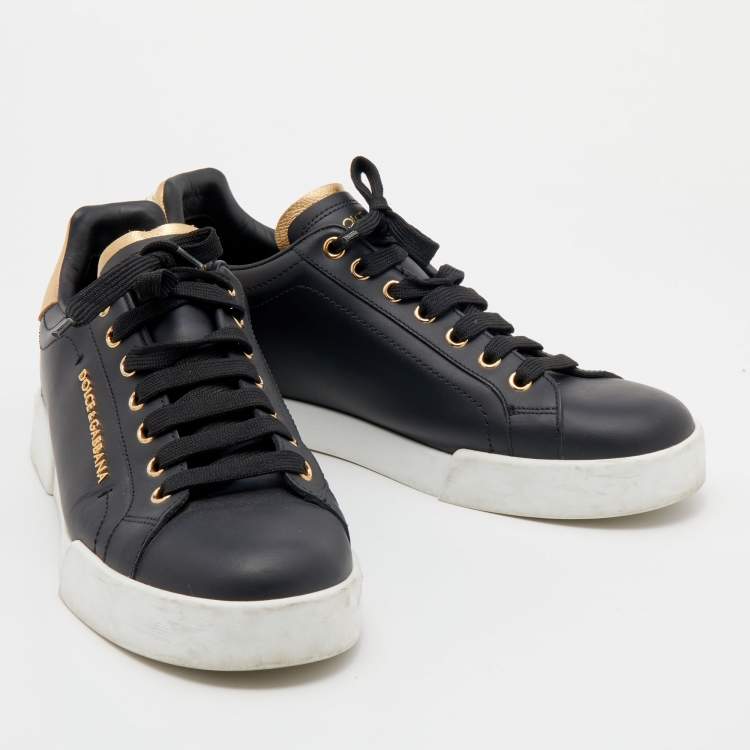 مملوكة مسبقًا Dolce & Gabbana Black/Gold Leather Portofino Pearl Embellished Low Top Sneakers Size 40