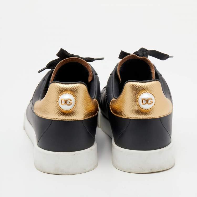 مملوكة مسبقًا Dolce & Gabbana Black/Gold Leather Portofino Pearl Embellished Low Top Sneakers Size 40
