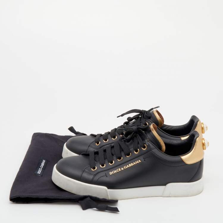 مملوكة مسبقًا Dolce & Gabbana Black/Gold Leather Portofino Pearl Embellished Low Top Sneakers Size 40