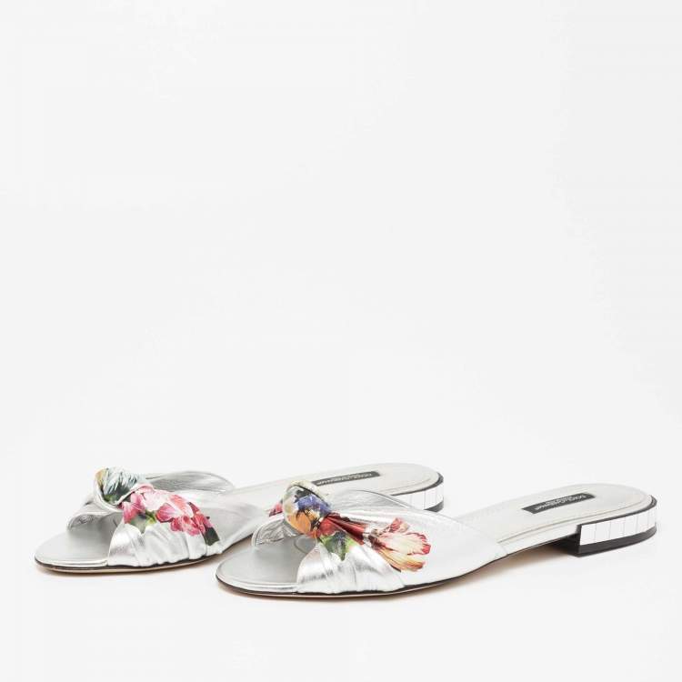 Pre Owned Dolce & Gabbana Silver Floral Print Knot Leather Slides Size 37