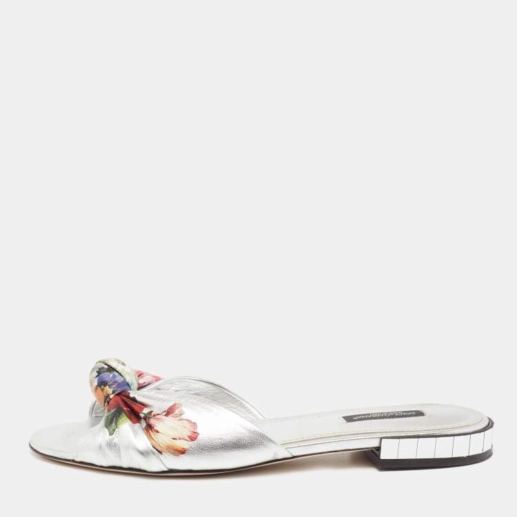 Pre Owned Dolce & Gabbana Silver Floral Print Knot Leather Slides Size 37