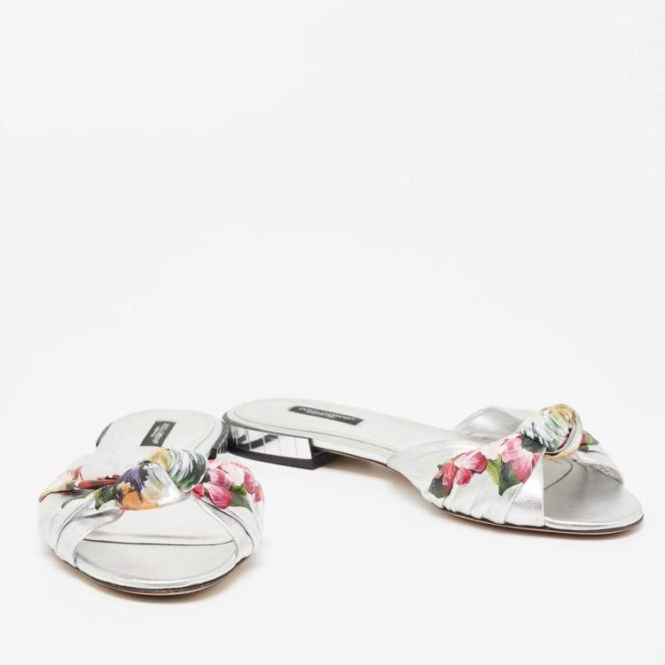 Pre Owned Dolce & Gabbana Silver Floral Print Knot Leather Slides Size 37