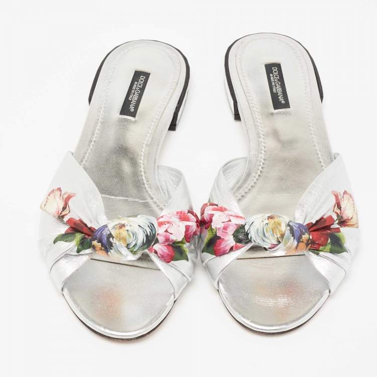 Pre Owned Dolce & Gabbana Silver Floral Print Knot Leather Slides Size 37