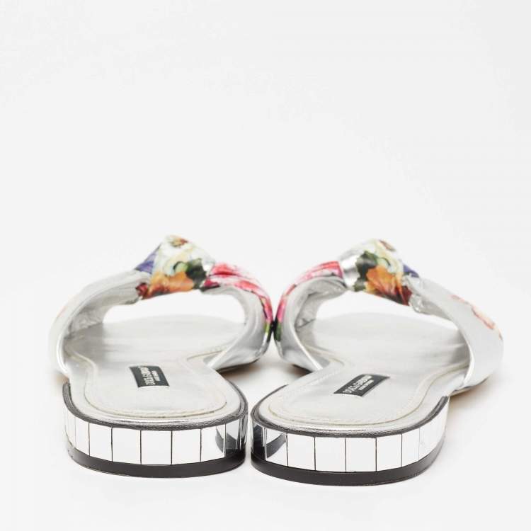 Pre Owned Dolce & Gabbana Silver Floral Print Knot Leather Slides Size 37