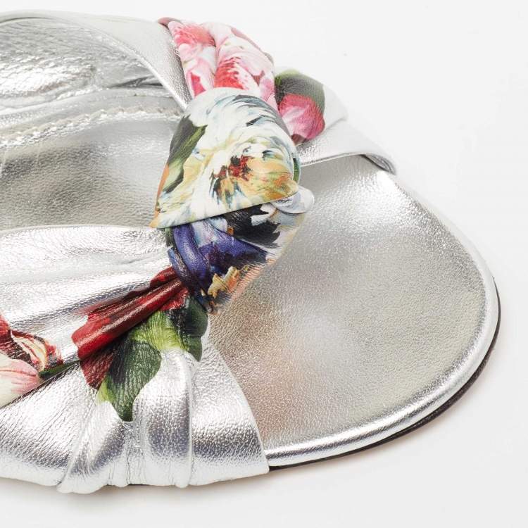 Pre Owned Dolce & Gabbana Silver Floral Print Knot Leather Slides Size 37
