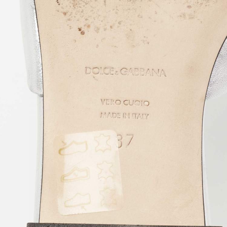 Pre Owned Dolce & Gabbana Silver Floral Print Knot Leather Slides Size 37