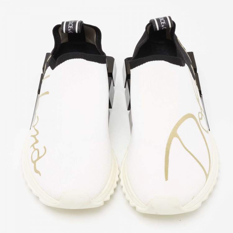 Pre Owned Dolce & Gabbana White/Black Knit Fabric Sorrento Slip-On Sneakers Size 37