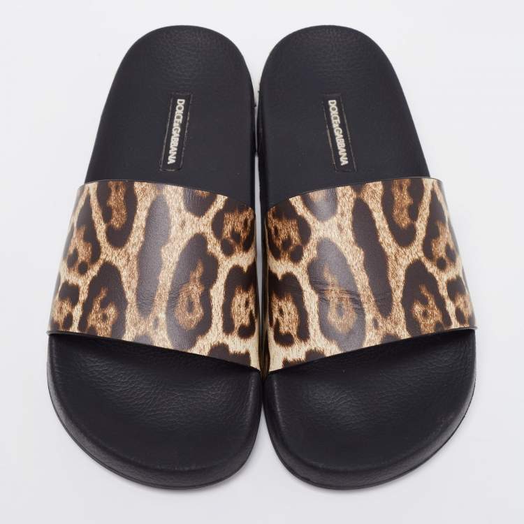 Pre Owned Dolce & Gabbana Brown Leopard Print Leather Flat Slides Size 37