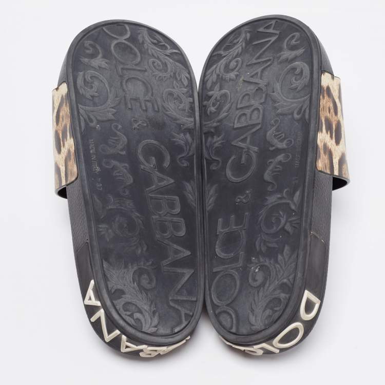 Pre Owned Dolce & Gabbana Brown Leopard Print Leather Flat Slides Size 37