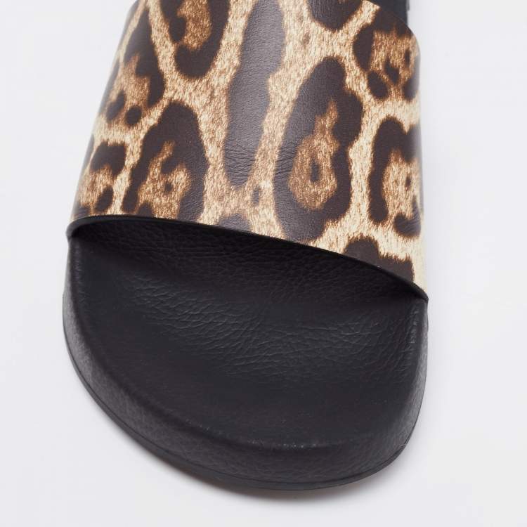 Pre Owned Dolce & Gabbana Brown Leopard Print Leather Flat Slides Size 37