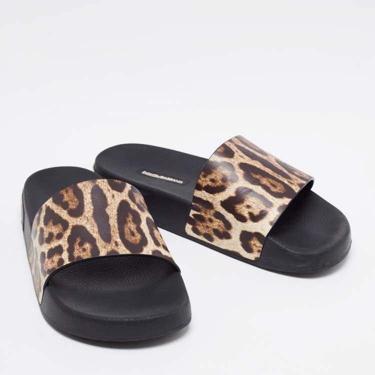 Pre Owned Dolce & Gabbana Brown Leopard Print Leather Flat Slides Size 37