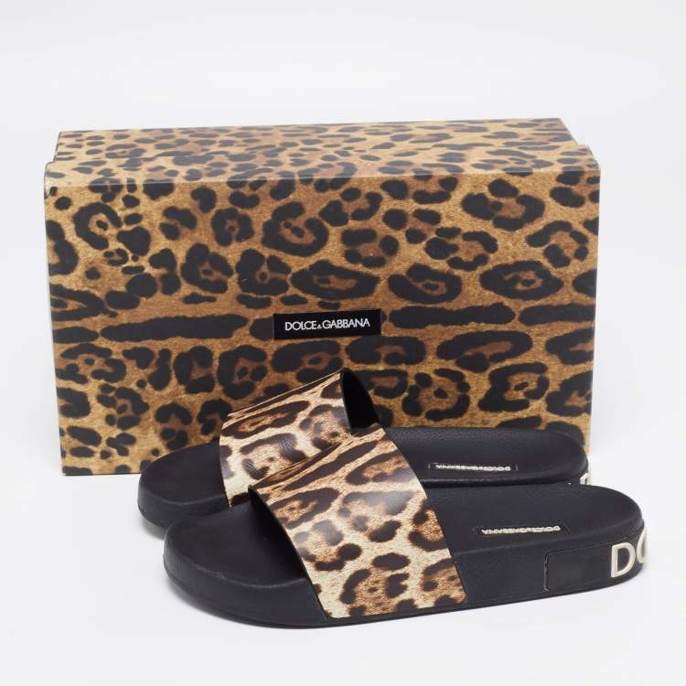 Pre Owned Dolce & Gabbana Brown Leopard Print Leather Flat Slides Size 37