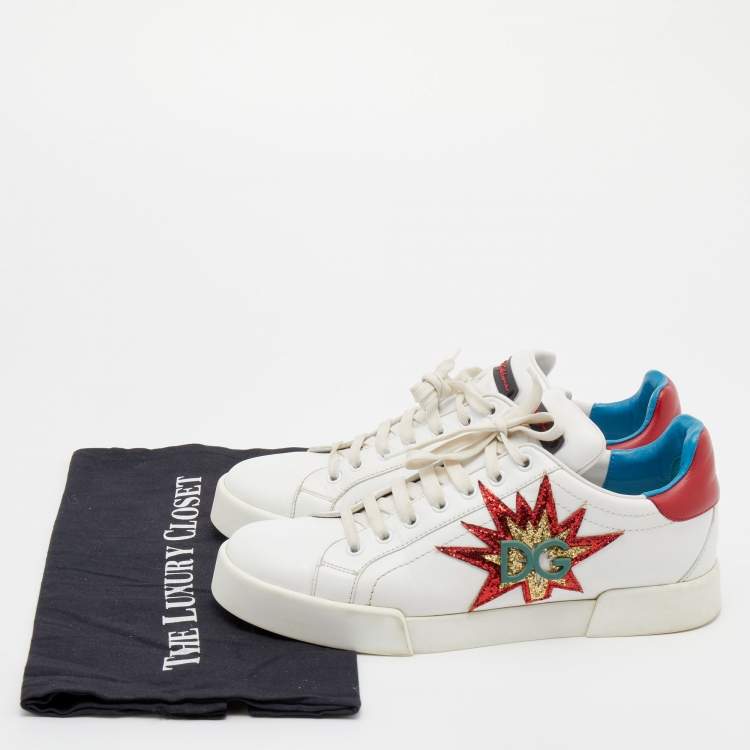 Pre Owned Dolce & Gabbana White/Red Leather Glitter Logo Portofino Low Top Sneakers Size 40