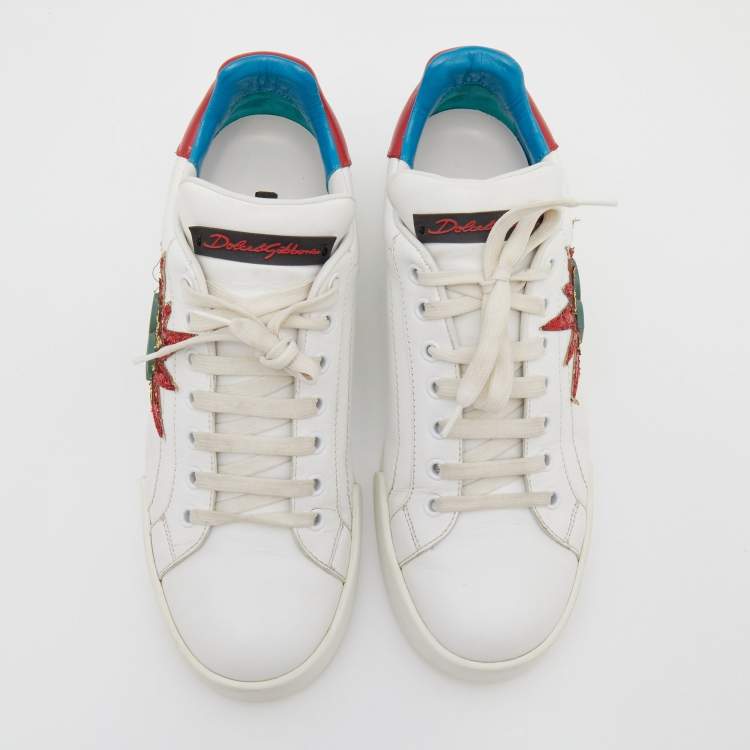 Pre Owned Dolce & Gabbana White/Red Leather Glitter Logo Portofino Low Top Sneakers Size 40
