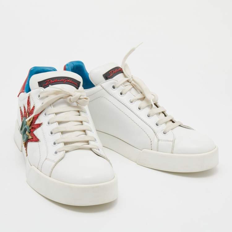 Pre Owned Dolce & Gabbana White/Red Leather Glitter Logo Portofino Low Top Sneakers Size 40