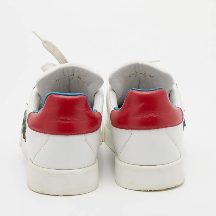 Pre Owned Dolce & Gabbana White/Red Leather Glitter Logo Portofino Low Top Sneakers Size 40