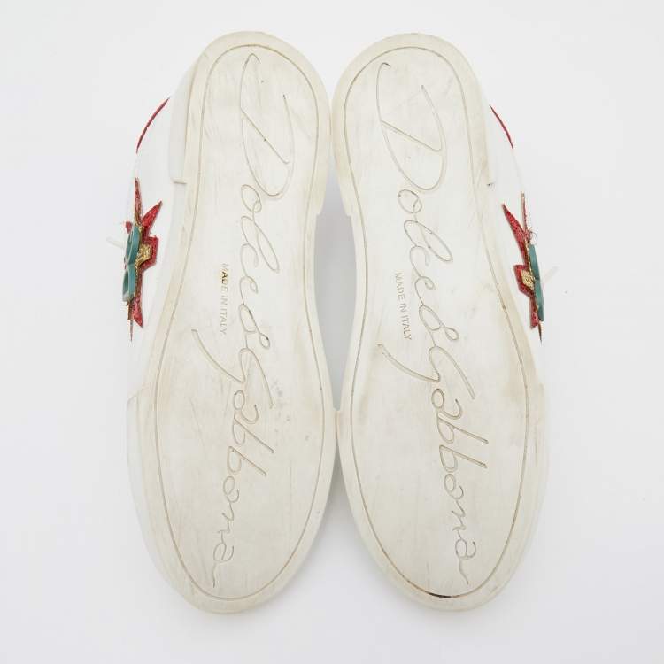 Pre Owned Dolce & Gabbana White/Red Leather Glitter Logo Portofino Low Top Sneakers Size 40