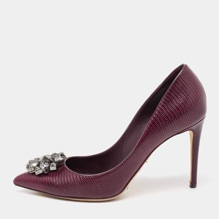 Pre Owned Dolce & Gabbana Burgundy Lizard Embossed Leather Bellucci Pumps Size 39