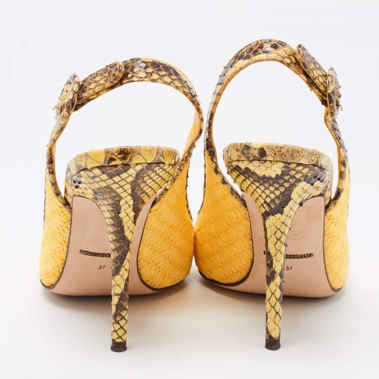Pre Owned Dolce & Gabbana Yellow/Brown Woven Raffia And Python Pointed Toe Slingback Sandals Size 37
