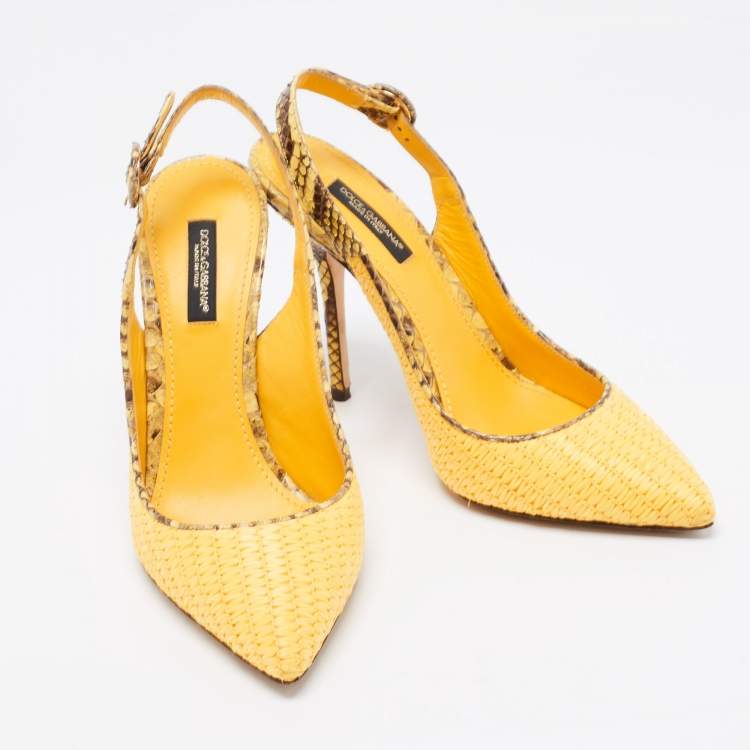 Pre Owned Dolce & Gabbana Yellow/Brown Woven Raffia And Python Pointed Toe Slingback Sandals Size 37
