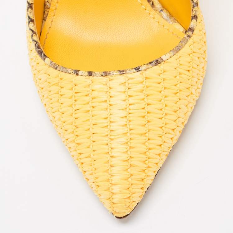 Pre Owned Dolce & Gabbana Yellow/Brown Woven Raffia And Python Pointed Toe Slingback Sandals Size 37