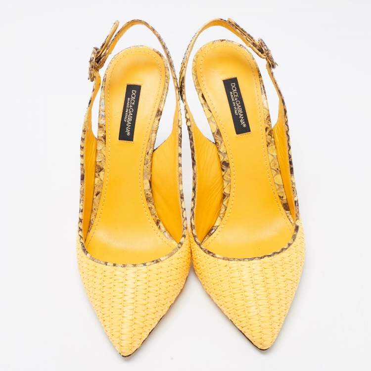 Pre Owned Dolce & Gabbana Yellow/Brown Woven Raffia And Python Pointed Toe Slingback Sandals Size 37