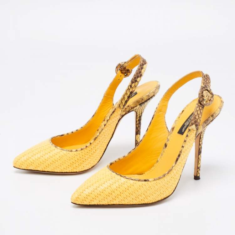 Pre Owned Dolce & Gabbana Yellow/Brown Woven Raffia And Python Pointed Toe Slingback Sandals Size 37