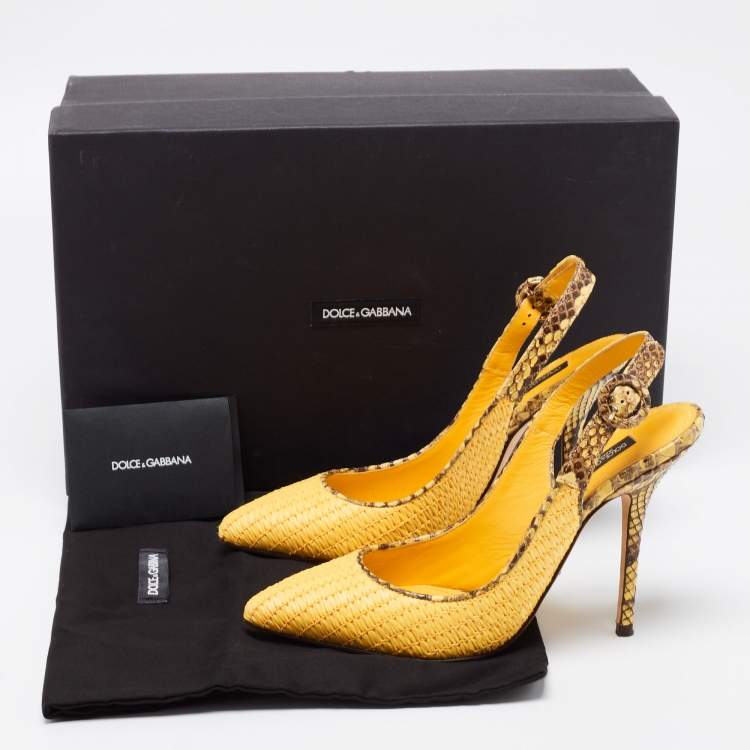 Pre Owned Dolce & Gabbana Yellow/Brown Woven Raffia And Python Pointed Toe Slingback Sandals Size 37