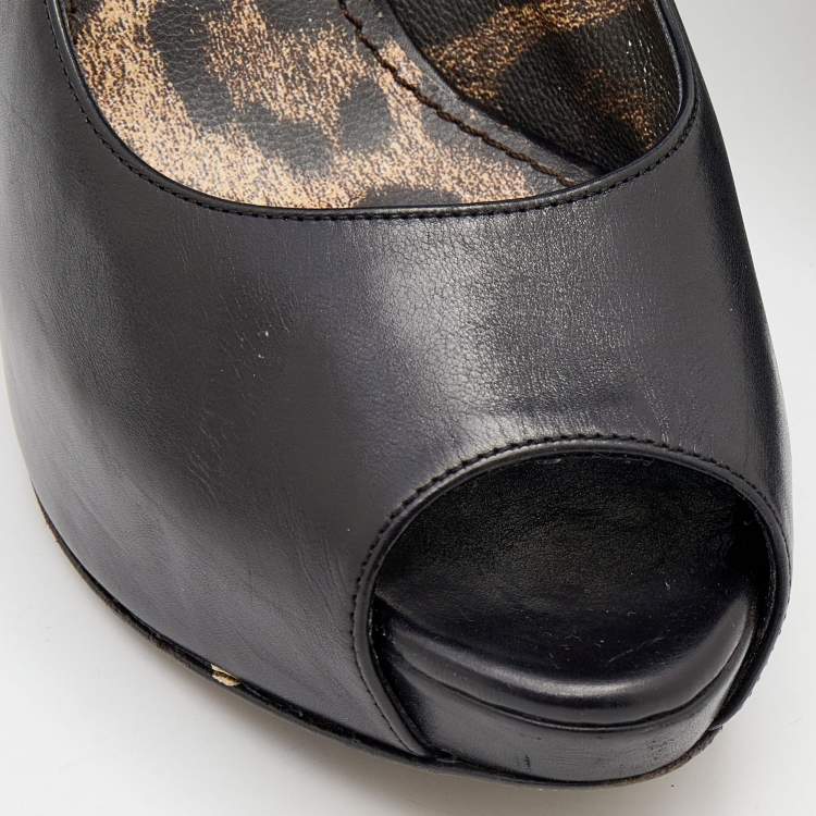 Pre Owned Dolce & Gabbana Black Leather Peep Toe Platform Pumps Size 38.5
