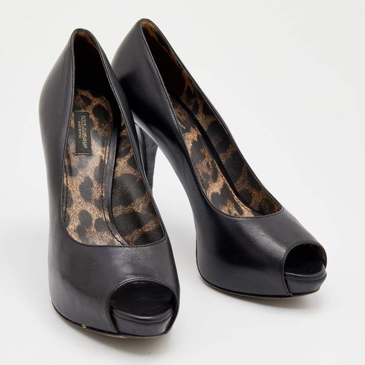 Pre Owned Dolce & Gabbana Black Leather Peep Toe Platform Pumps Size 38.5