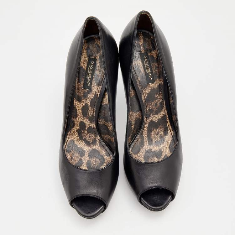 Pre Owned Dolce & Gabbana Black Leather Peep Toe Platform Pumps Size 38.5