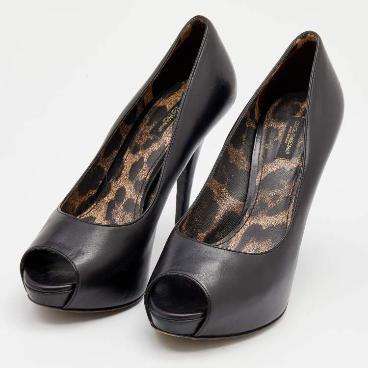 Pre Owned Dolce & Gabbana Black Leather Peep Toe Platform Pumps Size 38.5