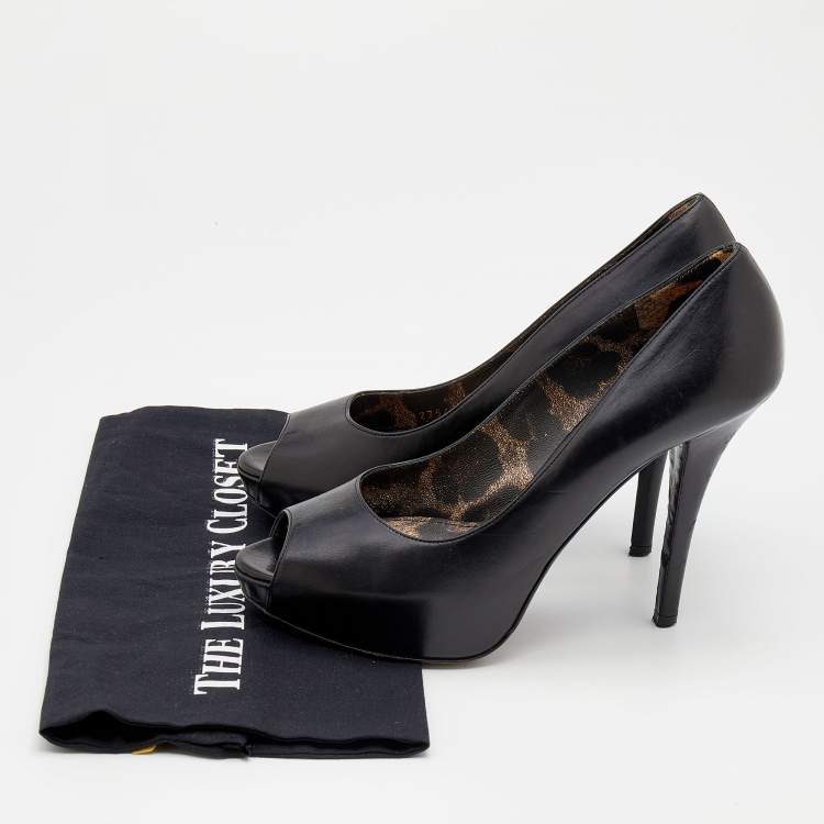 Pre Owned Dolce & Gabbana Black Leather Peep Toe Platform Pumps Size 38.5