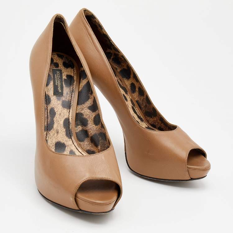 Pre Owned Dolce & Gabbana Beige  Leather Peep Toe Platform Pumps Size 38.5