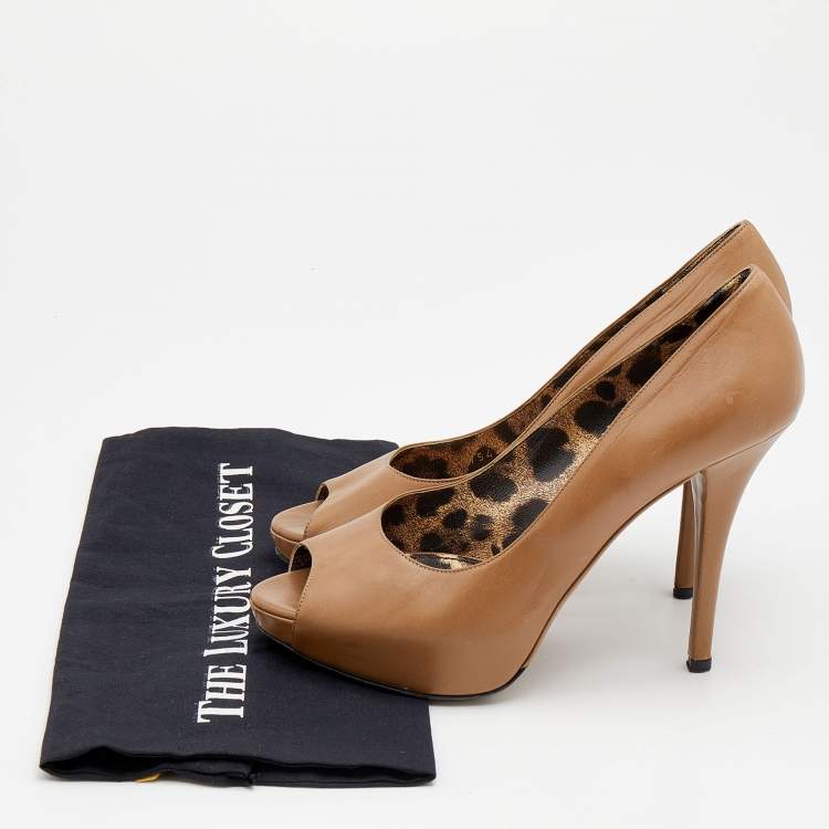 Pre Owned Dolce & Gabbana Beige  Leather Peep Toe Platform Pumps Size 38.5